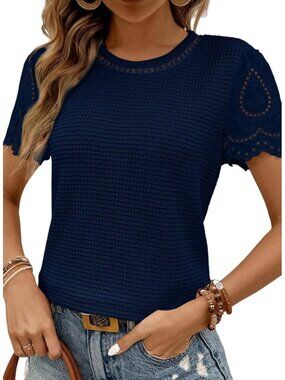 Women's  Dark Blue T Shirts Frenchy Summer Tops Crewneck Short Sleeve Top Shirts